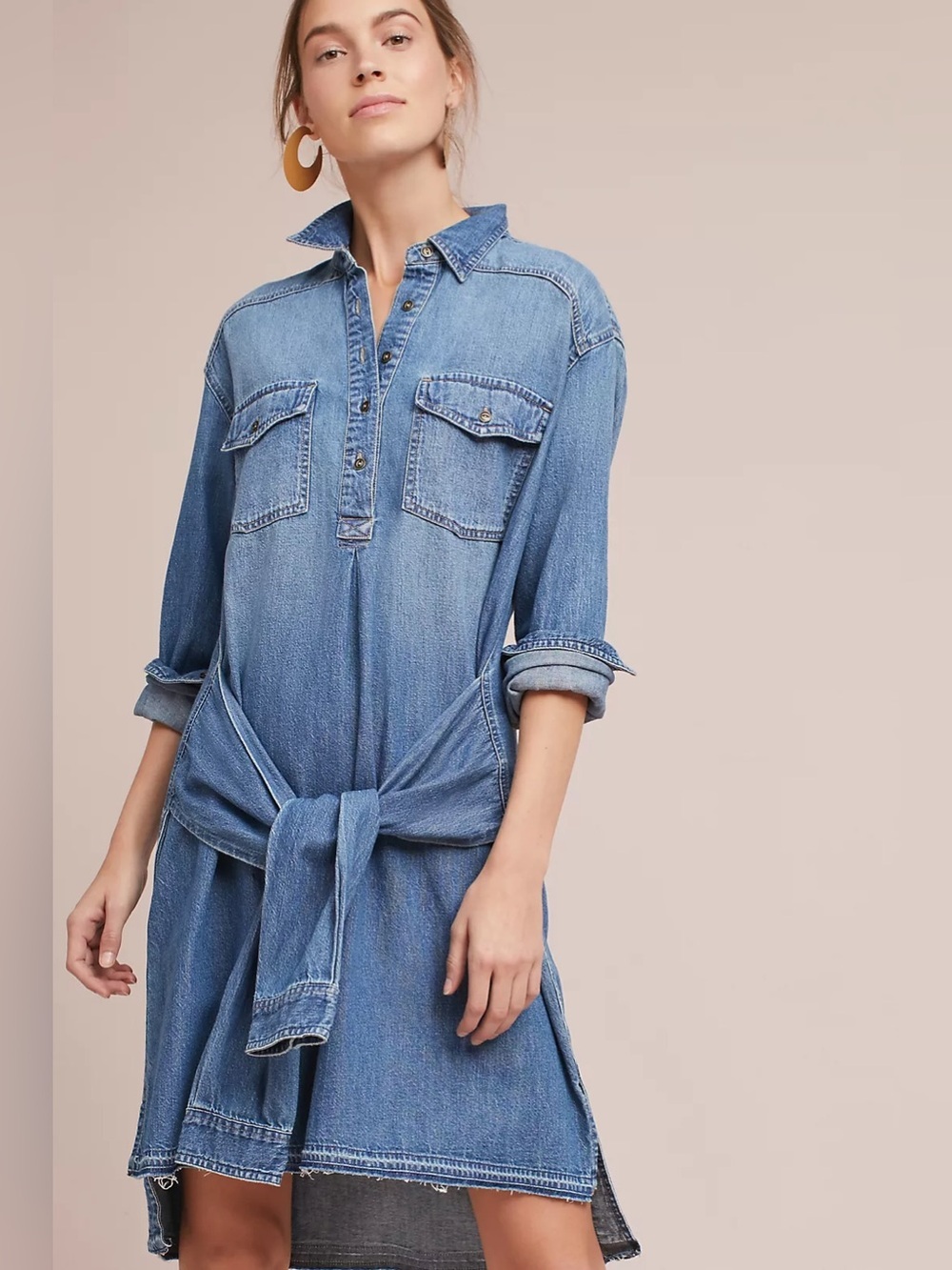 Current/Elliott denim shirt dress featuring a high-low hem and a front waist tie